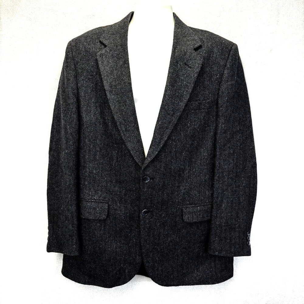 Vintage 100% Shetland Wool‎ Tweed Blazer Jacket Mens 42L Gray Blue Herringbone